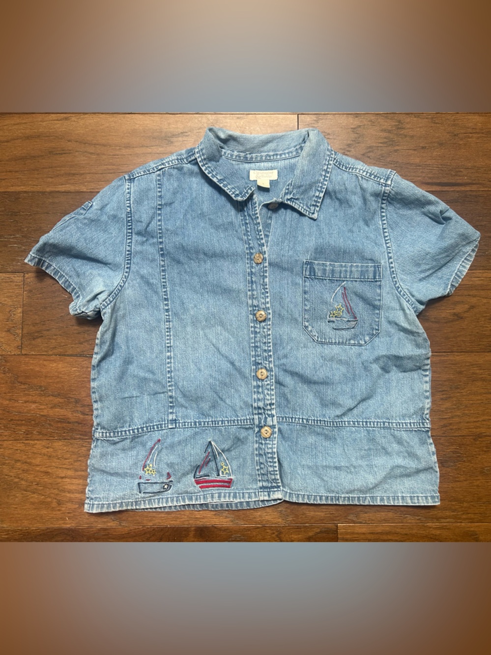 Vintage Nautical Christopher & Banks Sailboat Embroidered Denim Shirt Large